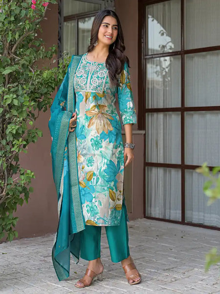 Floral Printed Embroidered Kurta Set with Dupatta