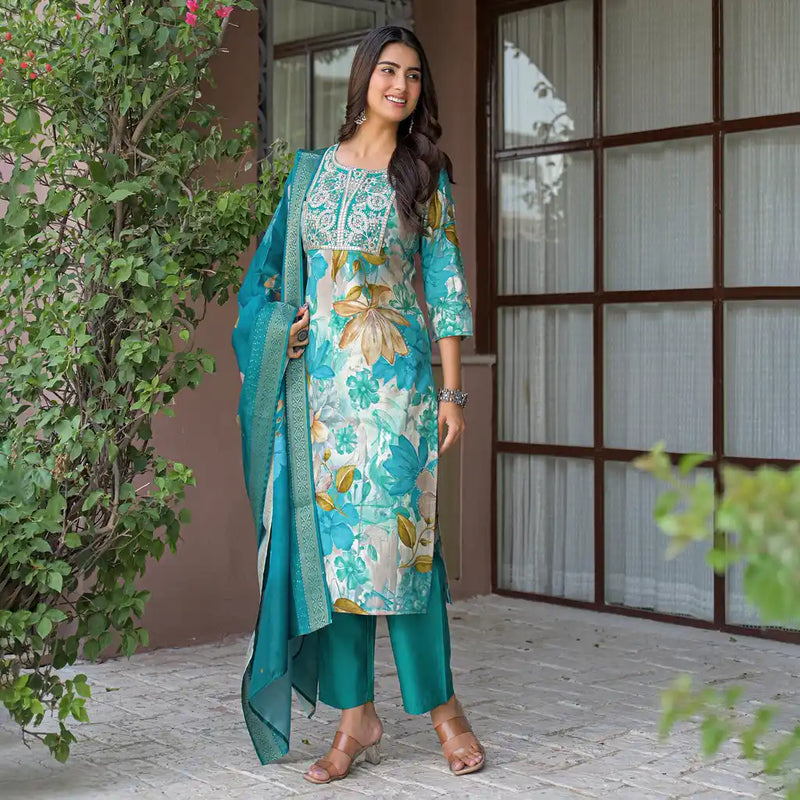 Floral Printed Embroidered Kurta Set with Dupatta