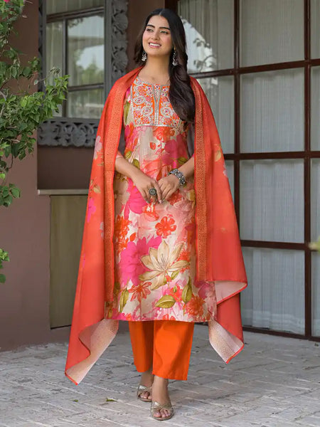Floral Printed Embroidered Kurta Set with Dupatta
