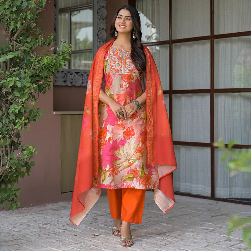 Floral Printed Embroidered Kurta Set with Dupatta
