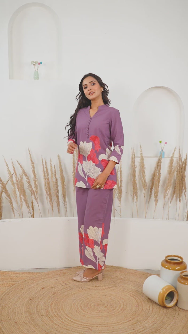Soft cotton purple co ord set female
Video